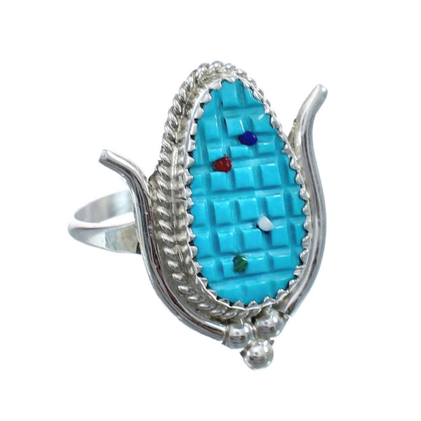 Native American Zuni Multicolor Multistone Sterling Silver Corn Ring Size 9 JX130546